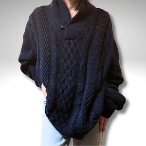 St. John’s Bay Navy Cable Knit Shawl Collar 100% Cotton Fisherman’s Sweater | XL